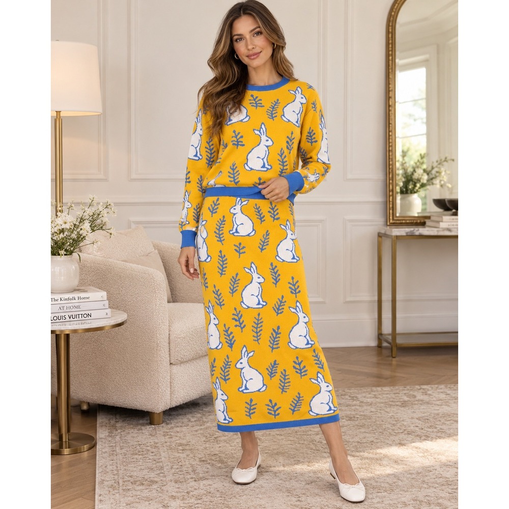 OXKNIT Women Yellow Blue Rabbit Knit Sweater and Midi Skirt Set 100% Cotton M